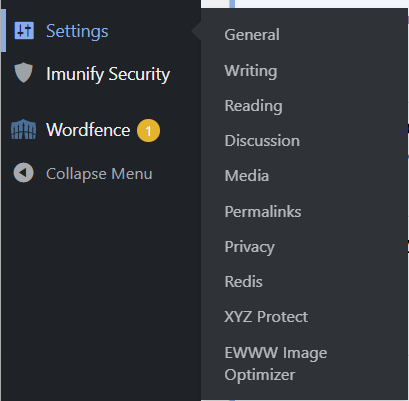 WordPress Settings menu showing XYZ Protect