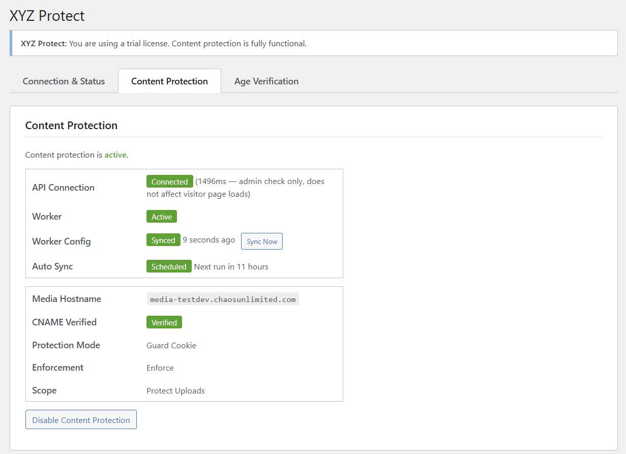 Content protection active — all green status indicators