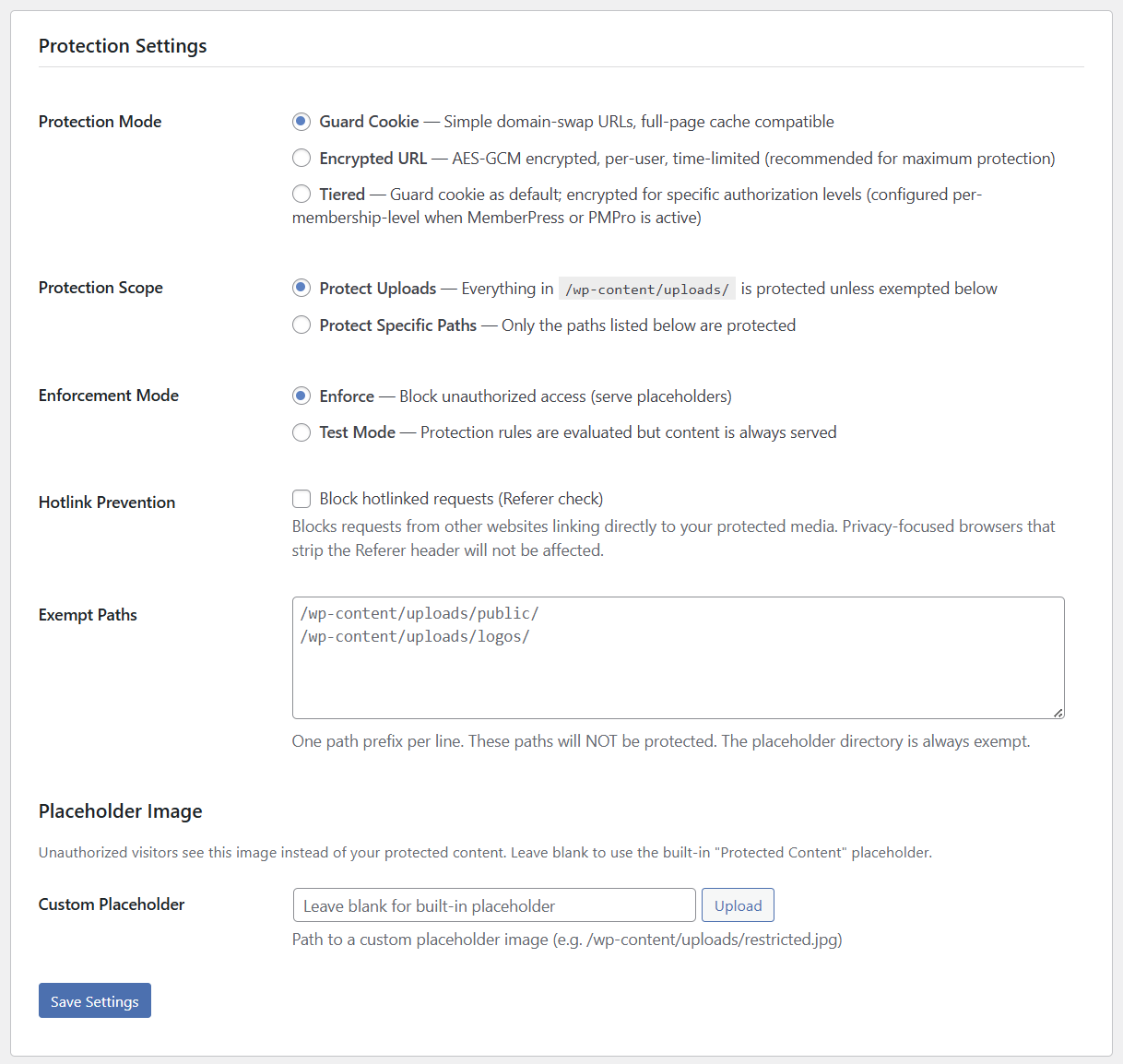 Protection Settings showing all configuration options