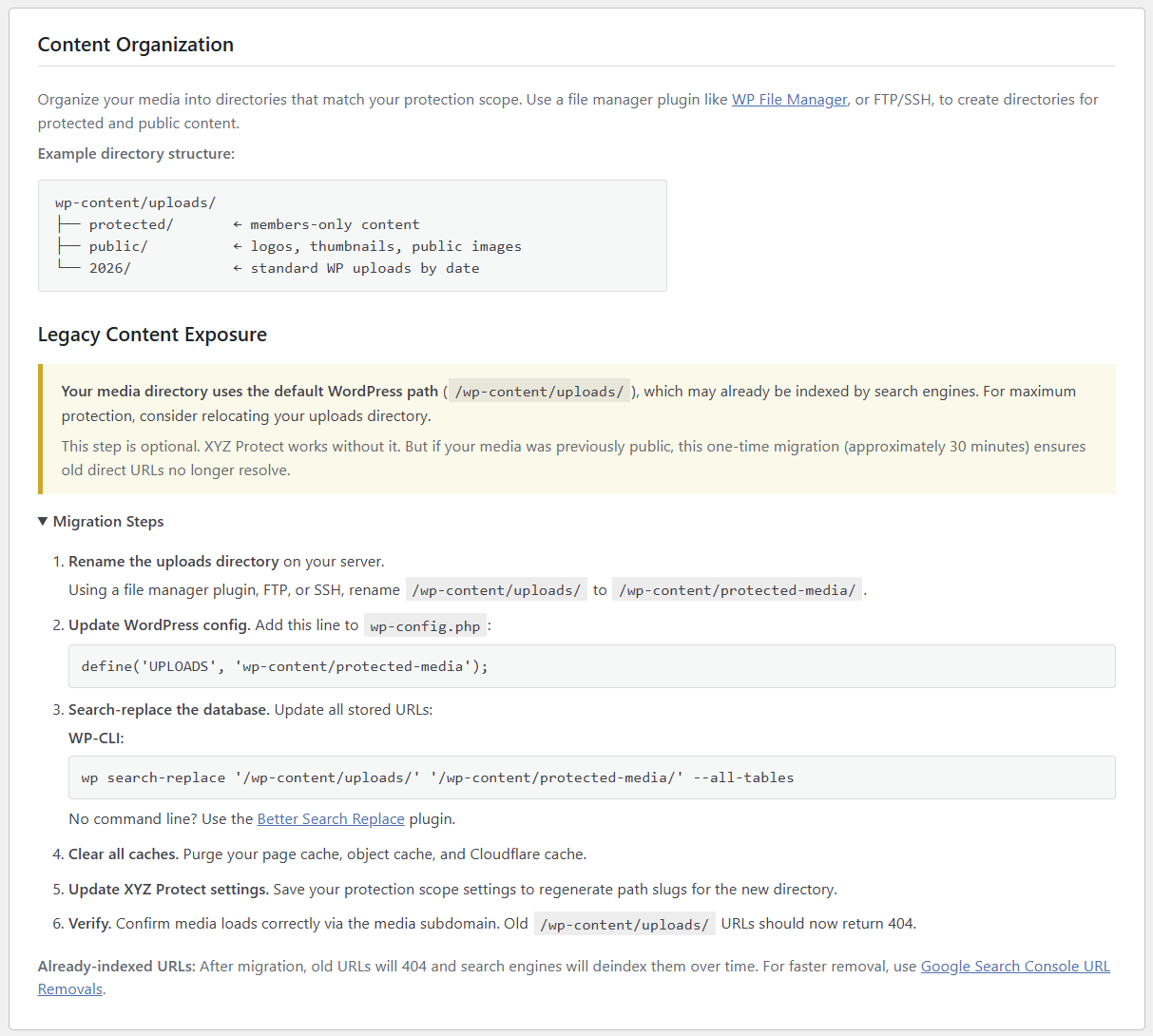 Content Organization section showing directory structure example and legacy content migration steps