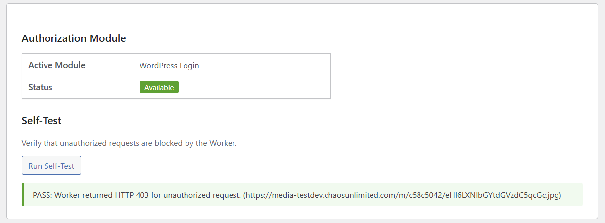 Self-test passing — Worker returned HTTP 403 for unauthorized request