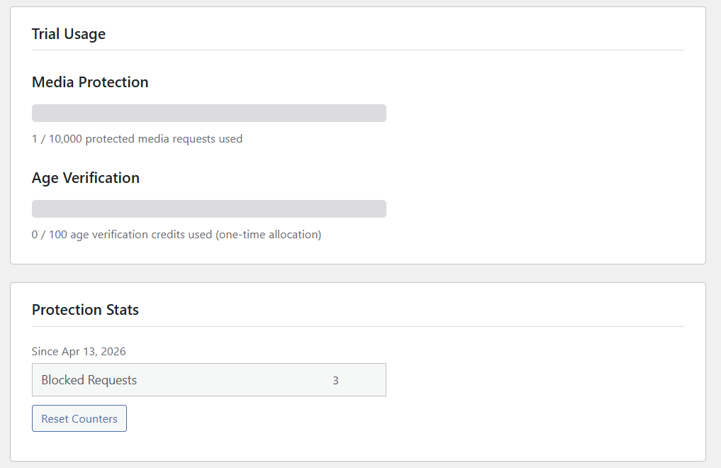 Trial usage showing media protection and age verification meters, and Protection Stats with blocked request count