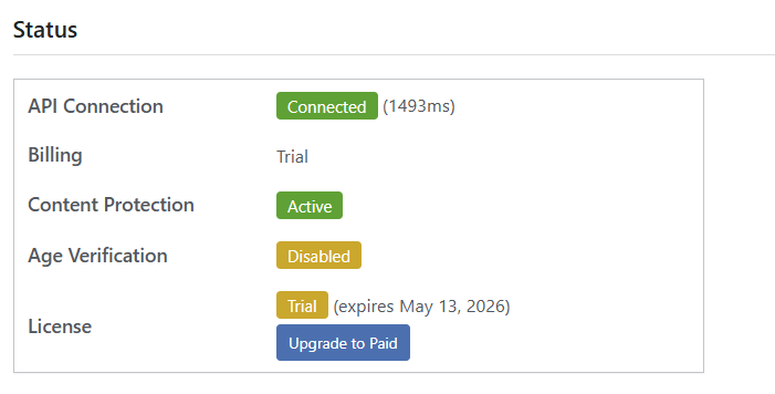 Connection & Status tab showing API Connected, Billing Trial, Content Protection Active, and License status