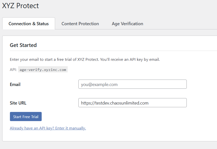 XYZ Protect Get Started screen with email and site URL fields