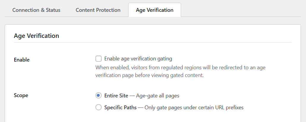 Age Verification tab showing Enable checkbox and Scope options — Entire Site selected