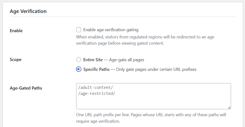 Specific Paths option selected with example paths /adult-content/ and /age-restricted/