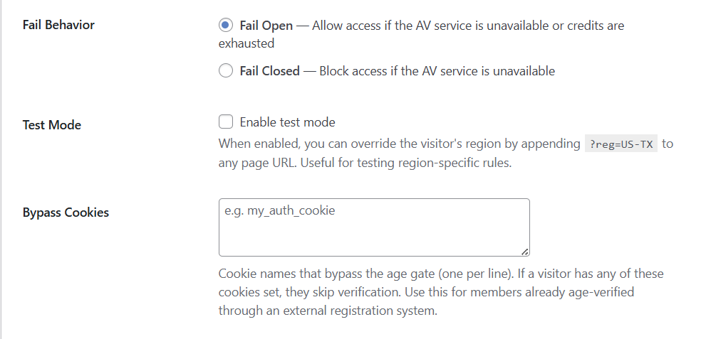 Fail Behavior, Test Mode, and Bypass Cookies settings