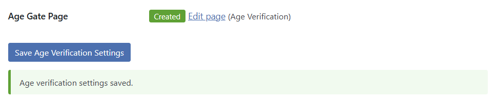 Save confirmation showing Age Gate Page Created with Edit page link
