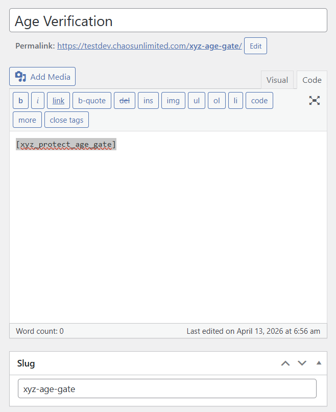WordPress editor showing the Age Verification page with the shortcode