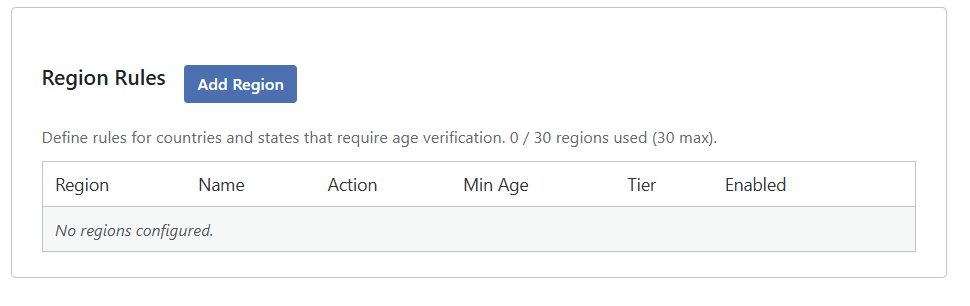 Add Region form showing Country Code, State Code, Name, Action dropdown, Minimum Age, Requires ID, and Enabled fields