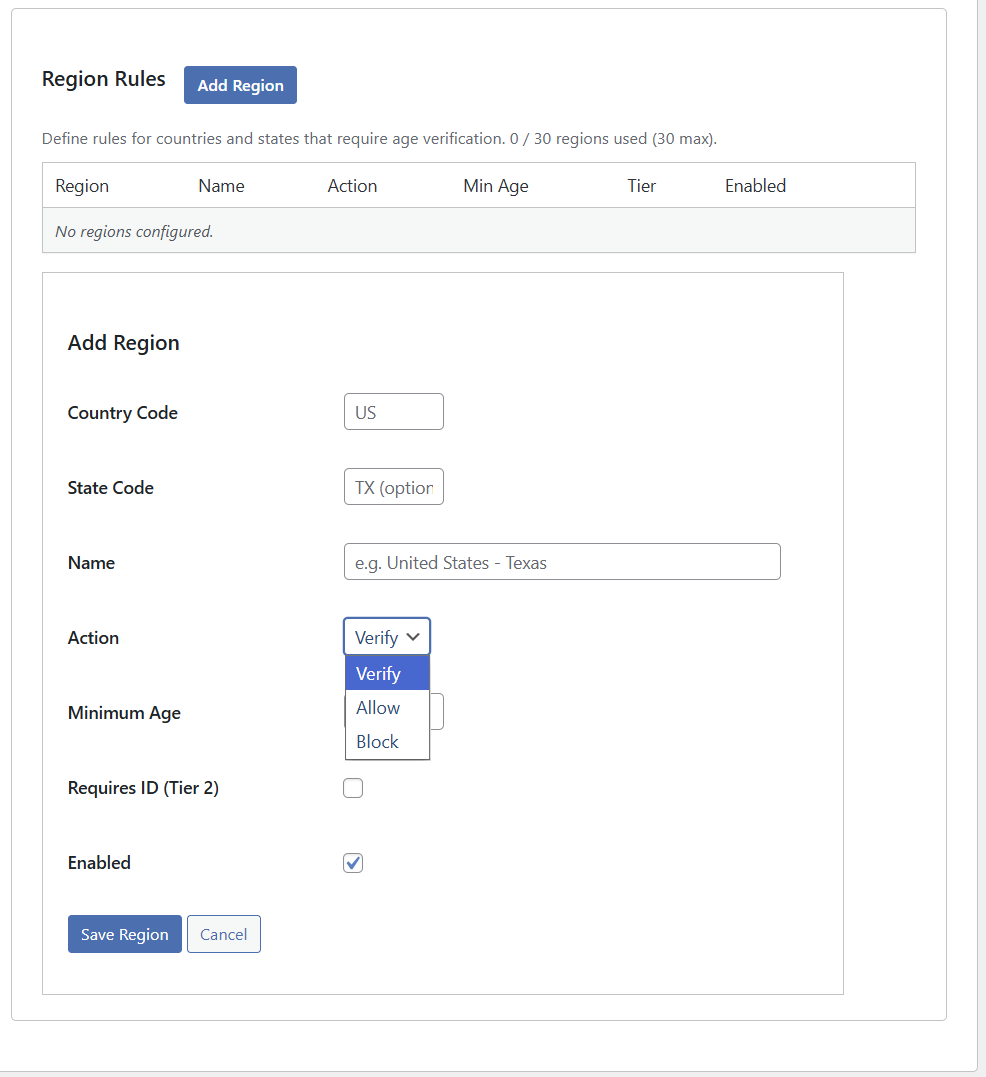 Region Rules table showing US-VA, Virginia, Verify, Tier 1, Enabled Yes