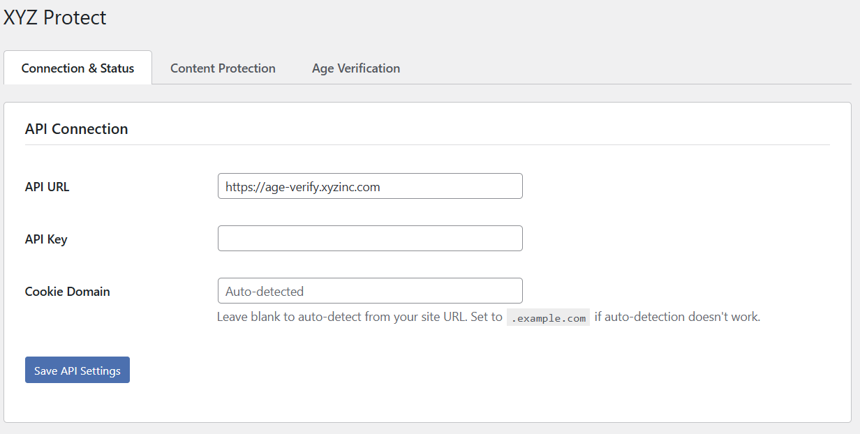 Manual API key entry screen showing API URL, API Key, and Cookie Domain fields