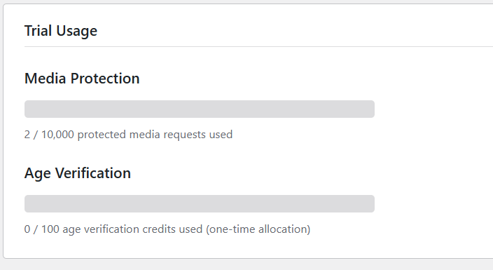 Trial Usage showing media protection and age verification meters, and Protection Stats