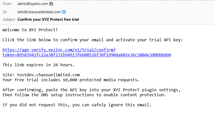 Confirmation email from alerts@xyzinc.com