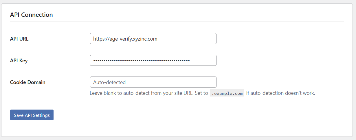 API Connection settings with key entered