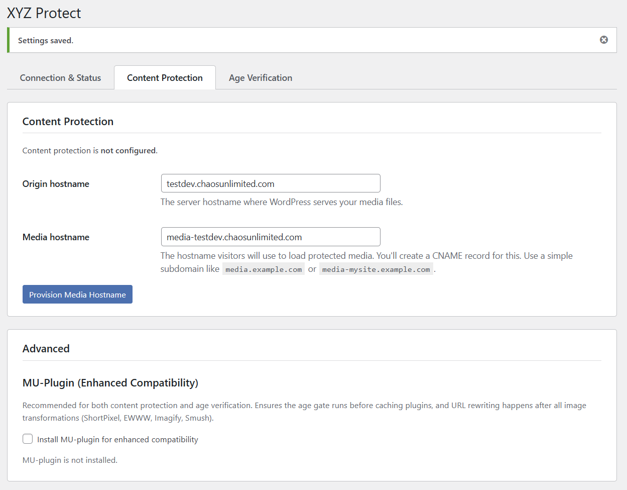 Content Protection tab showing hostname fields, Provision button, and MU-Plugin section